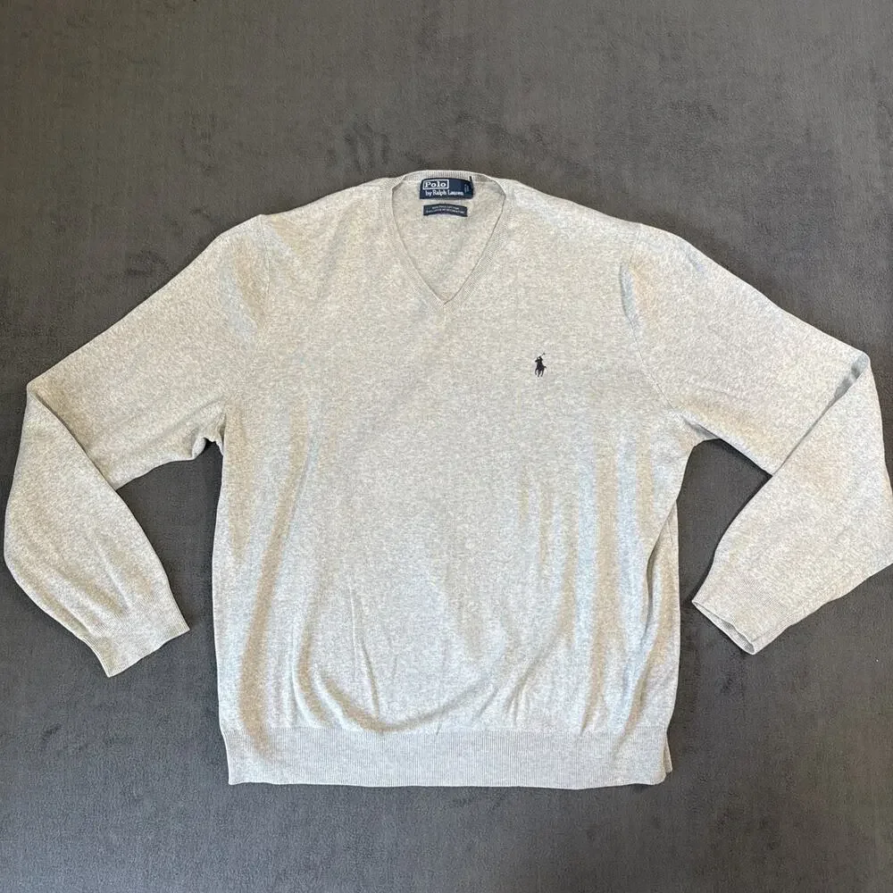 Polo Ralph Lauren Sweater Mens XXL Gray V Neck Pima Cotton Soft Knit Casual